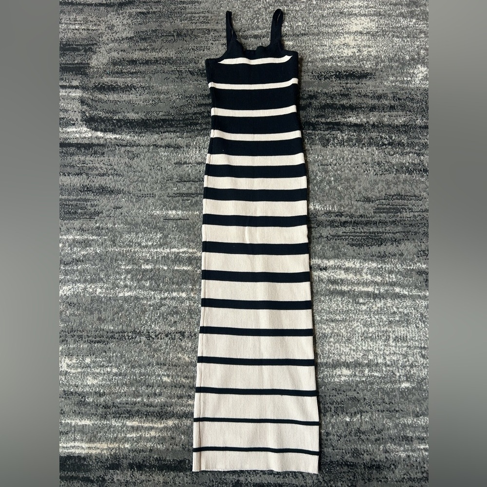 SHEIN Cream & Black Striped Ribbed Sweater Dress